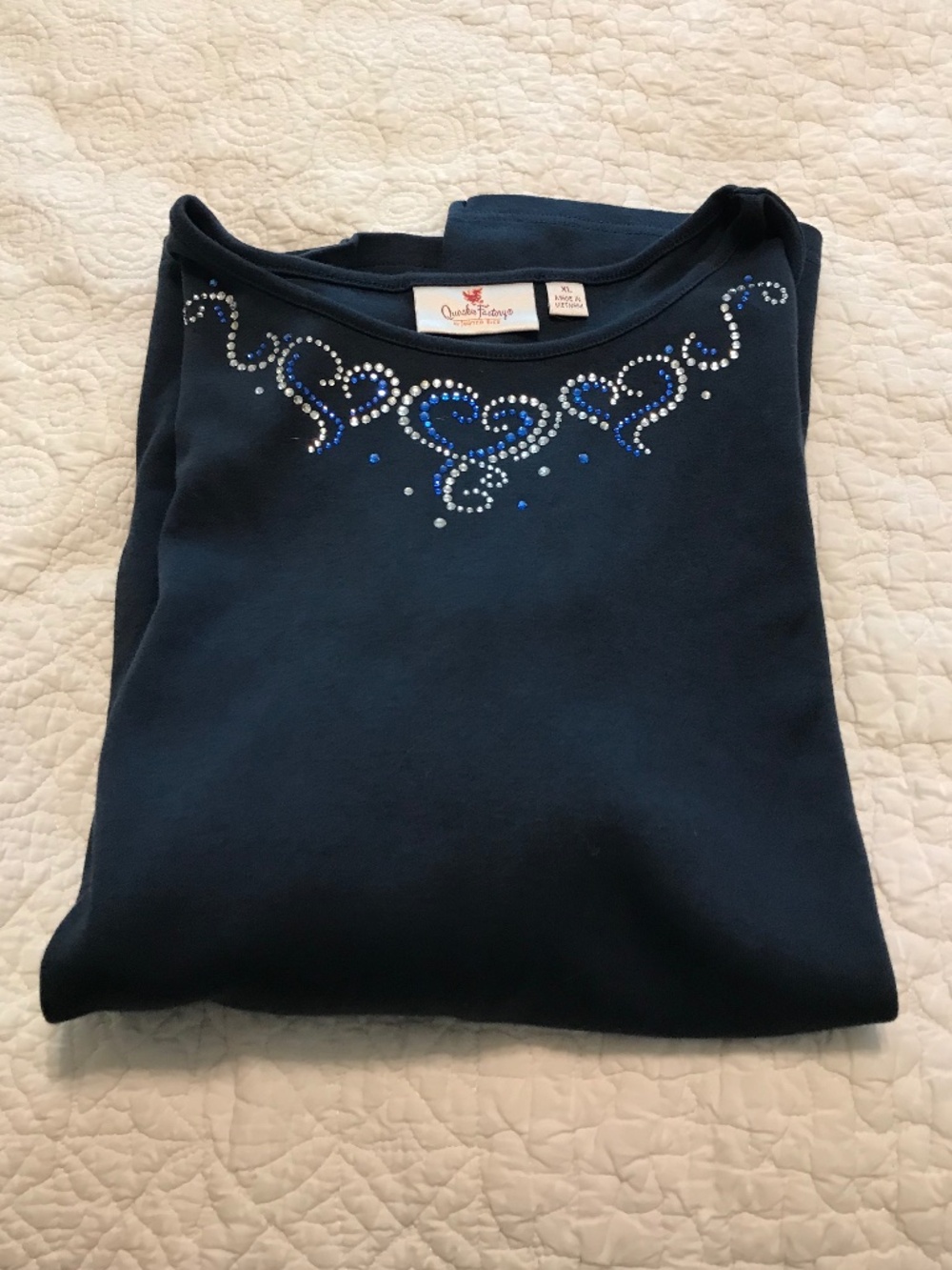 QF blue 3/4 sleeve boat neck top embellished with rhinestone scroll hearts (XL)